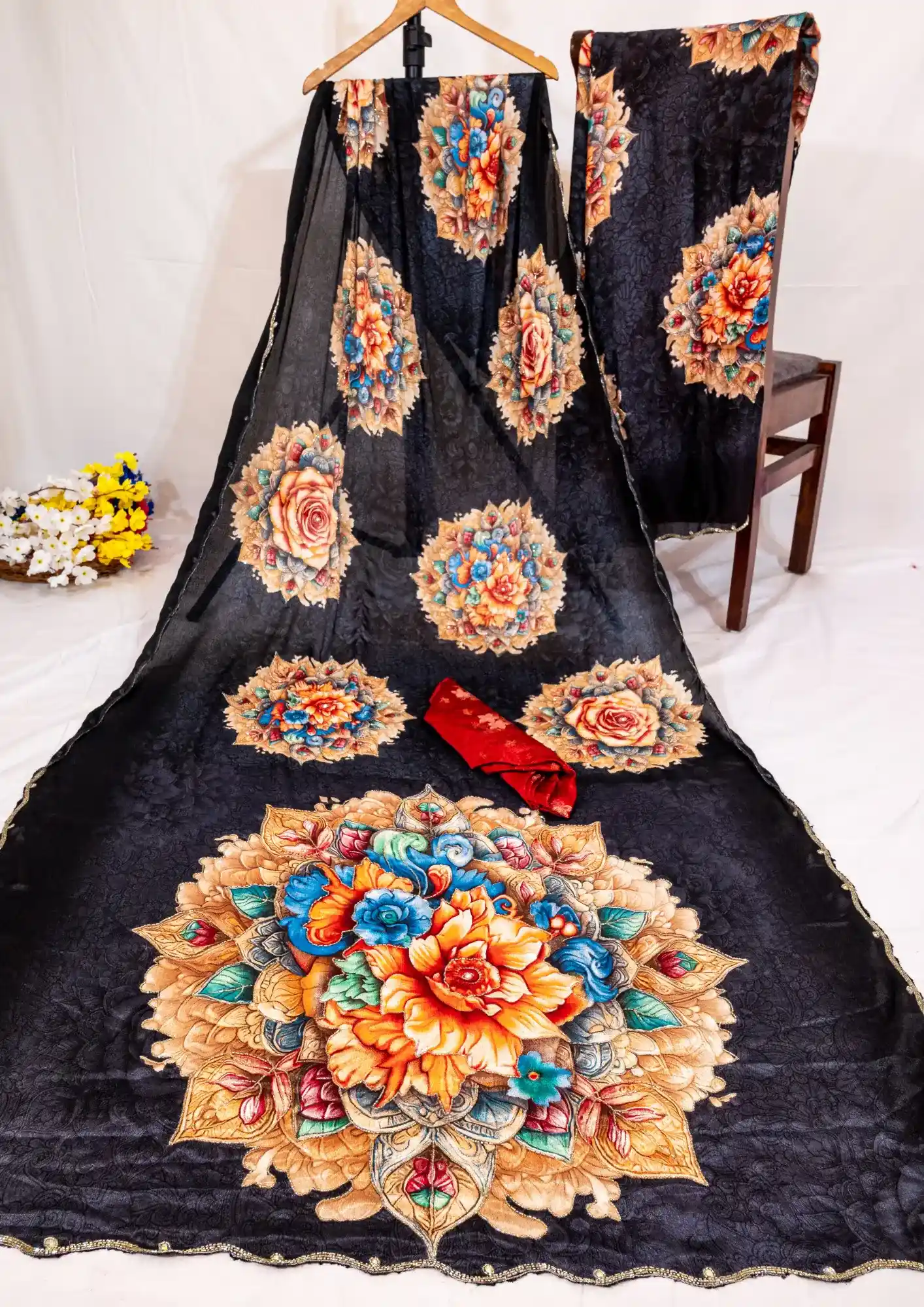 Black Chinnon Lightweight Handwork Saree with Big Floral Pallu Design - Image 4