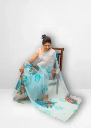Light Sky Blue Georgette Net Saree with Floral & Peacock Print4