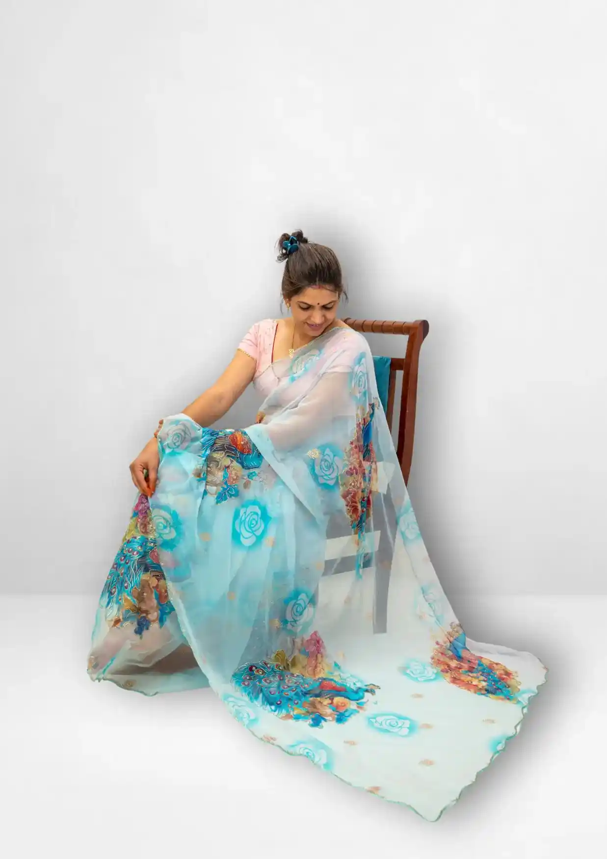 Light Sky Blue Georgette Net Saree with Floral & Peacock Print4