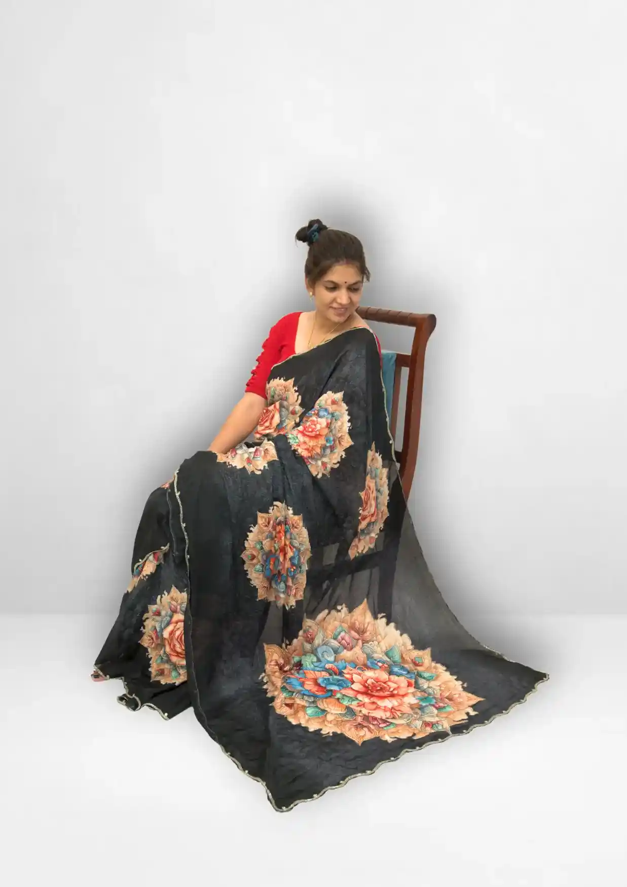 Black Chinnon Lightweight Handwork Saree with Big Floral Pallu Design - Image 2