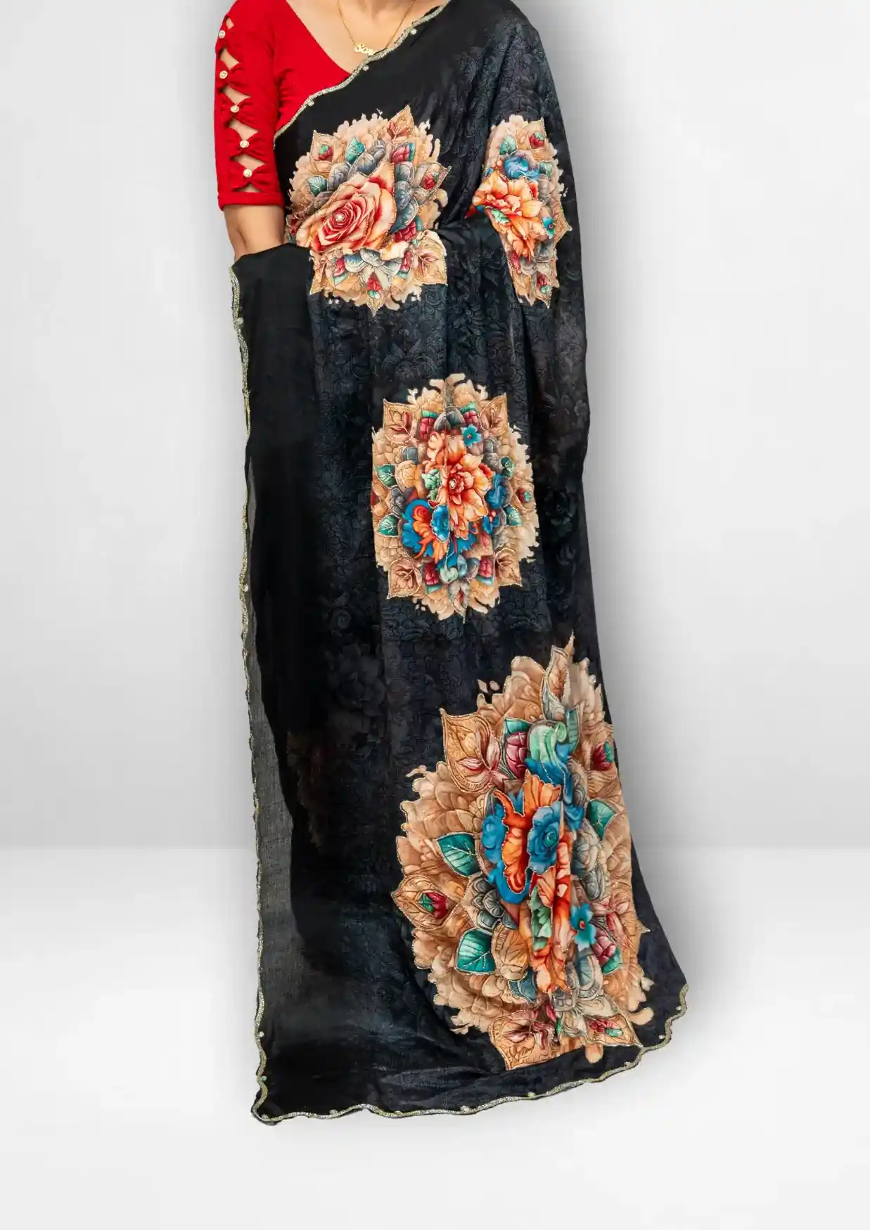Black Chinnon Lightweight Handwork Saree with Big Floral Pallu Design - Image 3