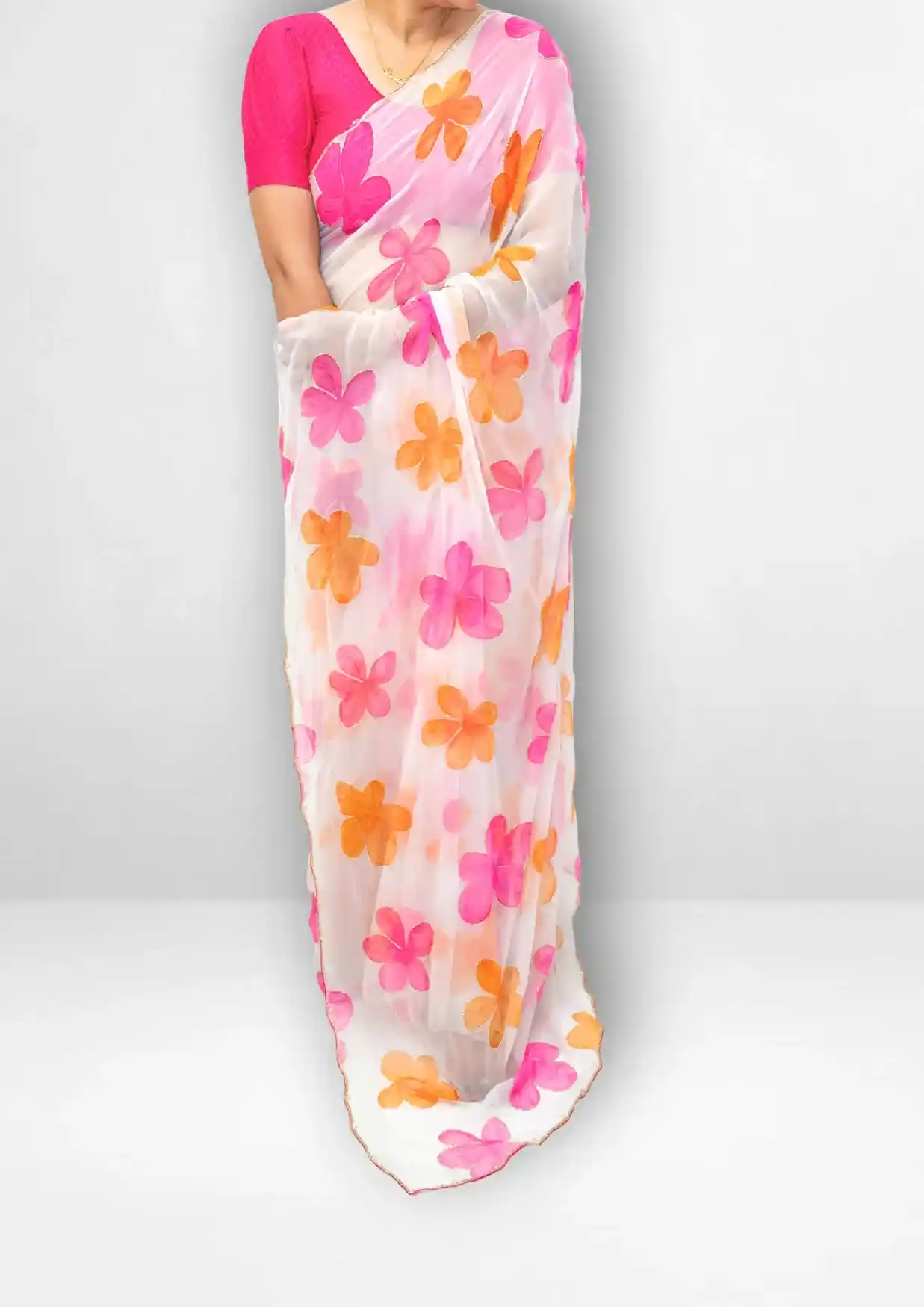 Off White Georgette Handwork Saree with Floral Print & Elegant Flower Detailing - Image 2