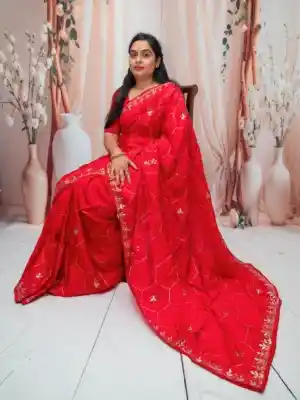 RUBY RED EMBROIDERY WITH GEOMATRIC PARTTENS