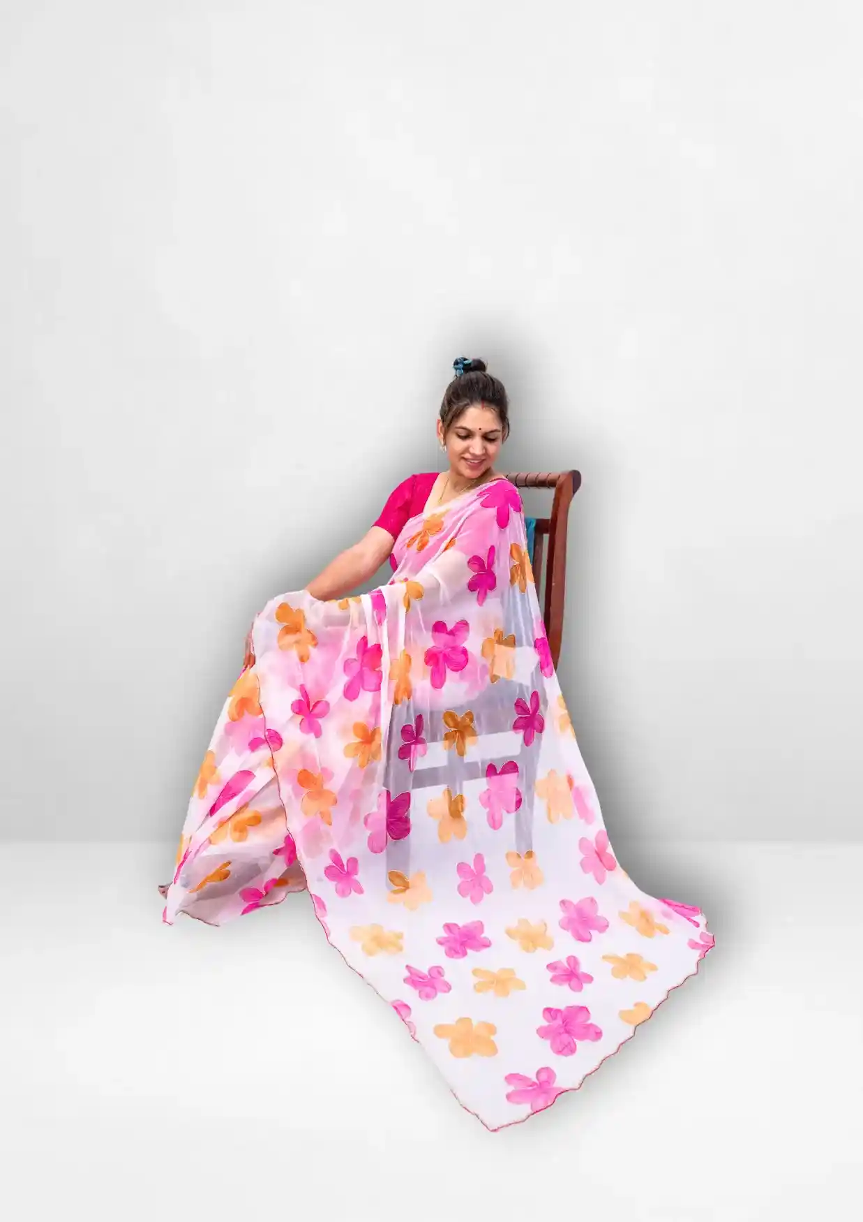 Off White Georgette Handwork Saree with Floral Print & Elegant Flower Detailing - Image 3