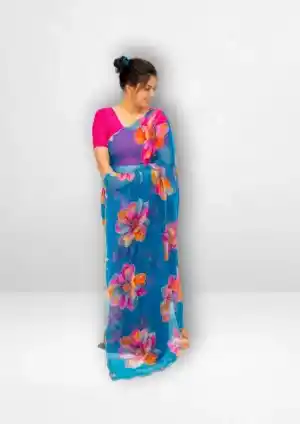 Teal Blue Georgette Handwork Saree with Elegant Floral Print