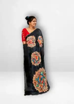Black Chinnon Lightweight Handwork Saree with Big Floral Pallu Design