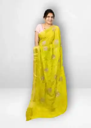 Lemon Yellow Fabric Ho Silk Zari sequence Emboidary