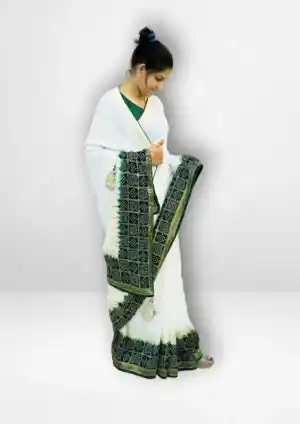 Off White With Green Border and Work Dola Silk