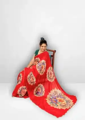 Red Chinon Lightweight Handwork Saree with Big Floral Pallu Design1