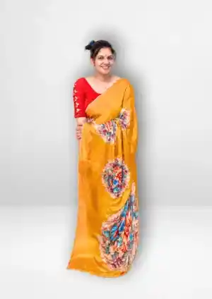 Yellow Chinnon Lightweight Handwork Saree with Big Floral Pallu Design