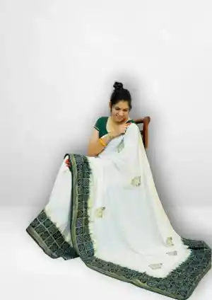 Off White With Green Border Dola Silk