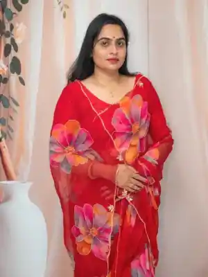 RED Multi colors print flowers Georgatte Handwork