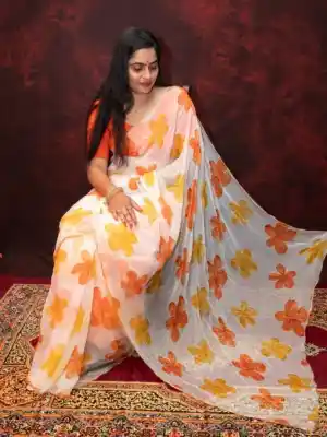 Off White flowers Georgette Handwork Saree with Yellow Floral Print