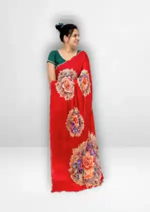 Red Chinon Lightweight Handwork Saree with Big Floral Pallu Design2