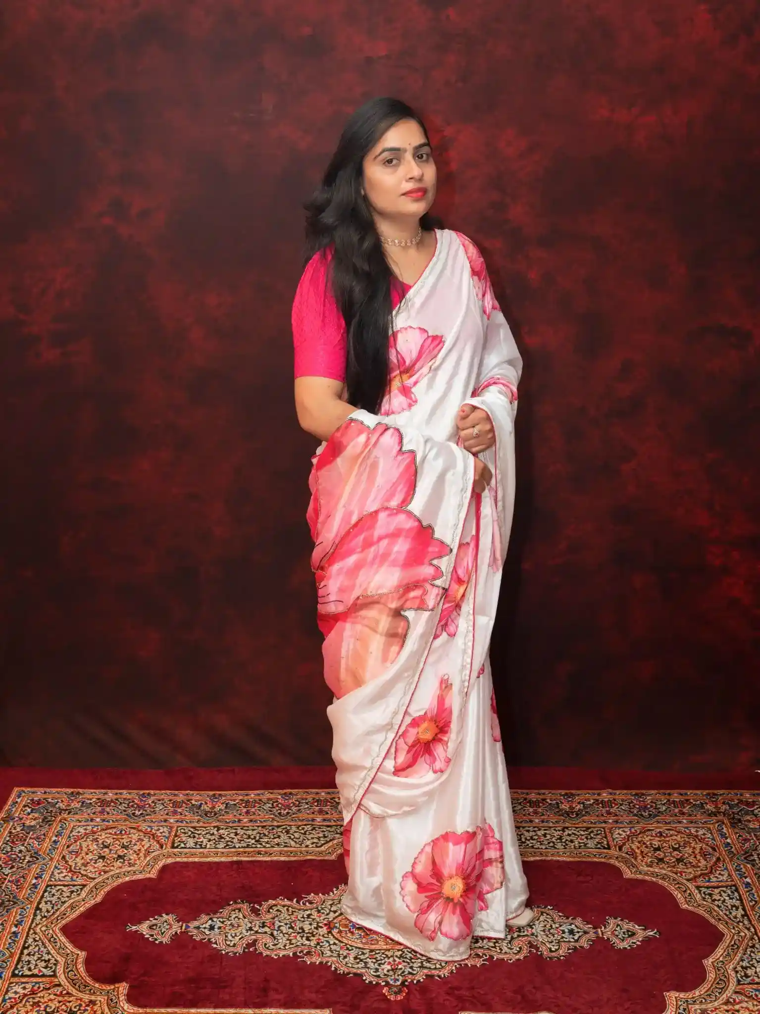 Orange Flower Print Saree