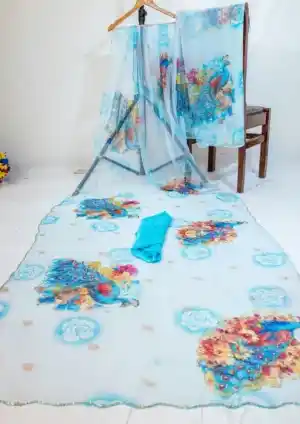 Light Sky Blue Georgette Net Saree with Floral & Peacock Print2