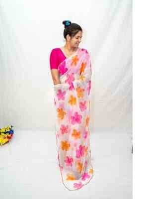 Off White Georgette Handwork Saree with Floral Print & Elegant Flower Detailing