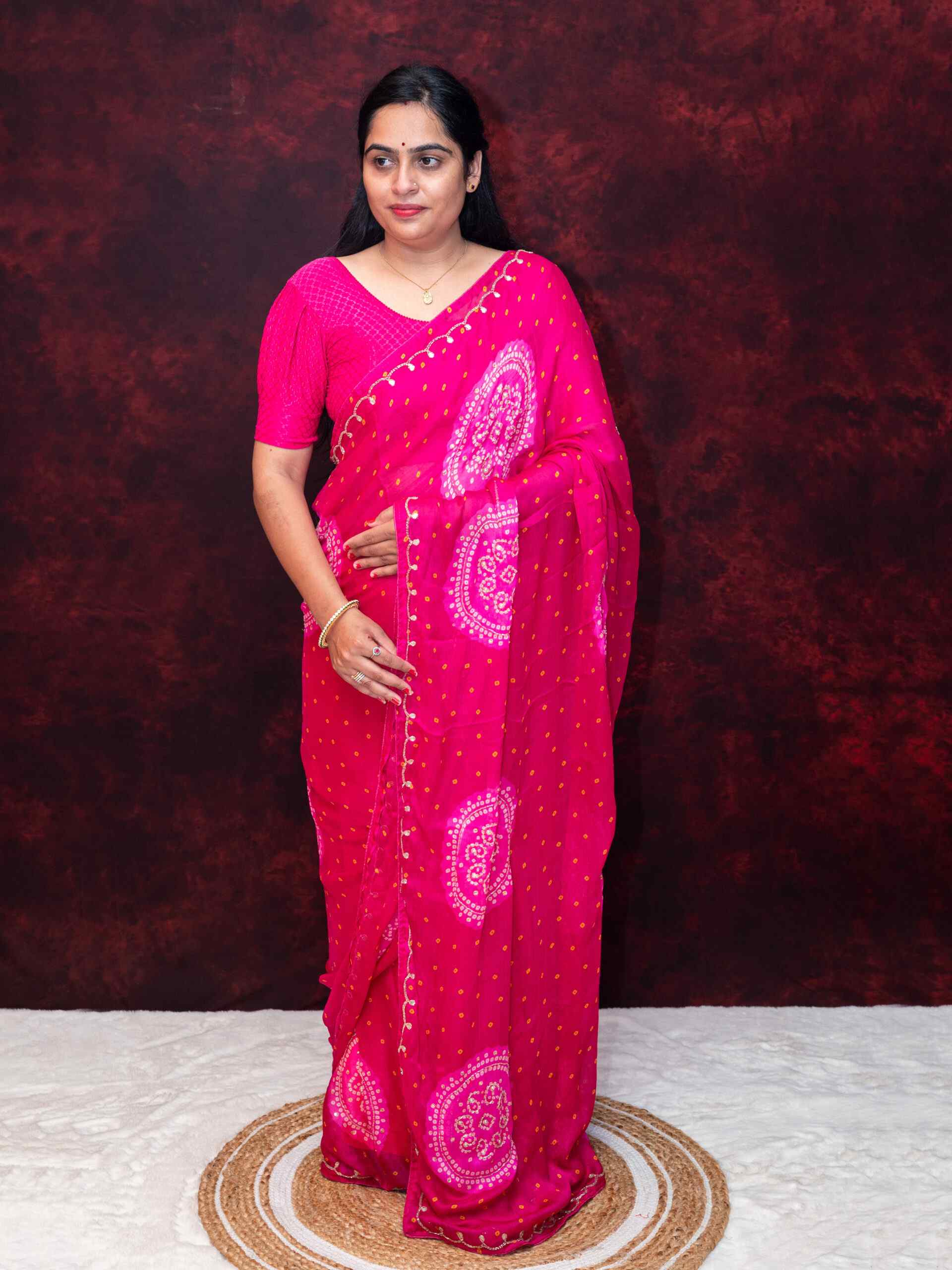 Red Bandhej Handwork Chinnon Saree | Traditional Bandhani Festive Wea