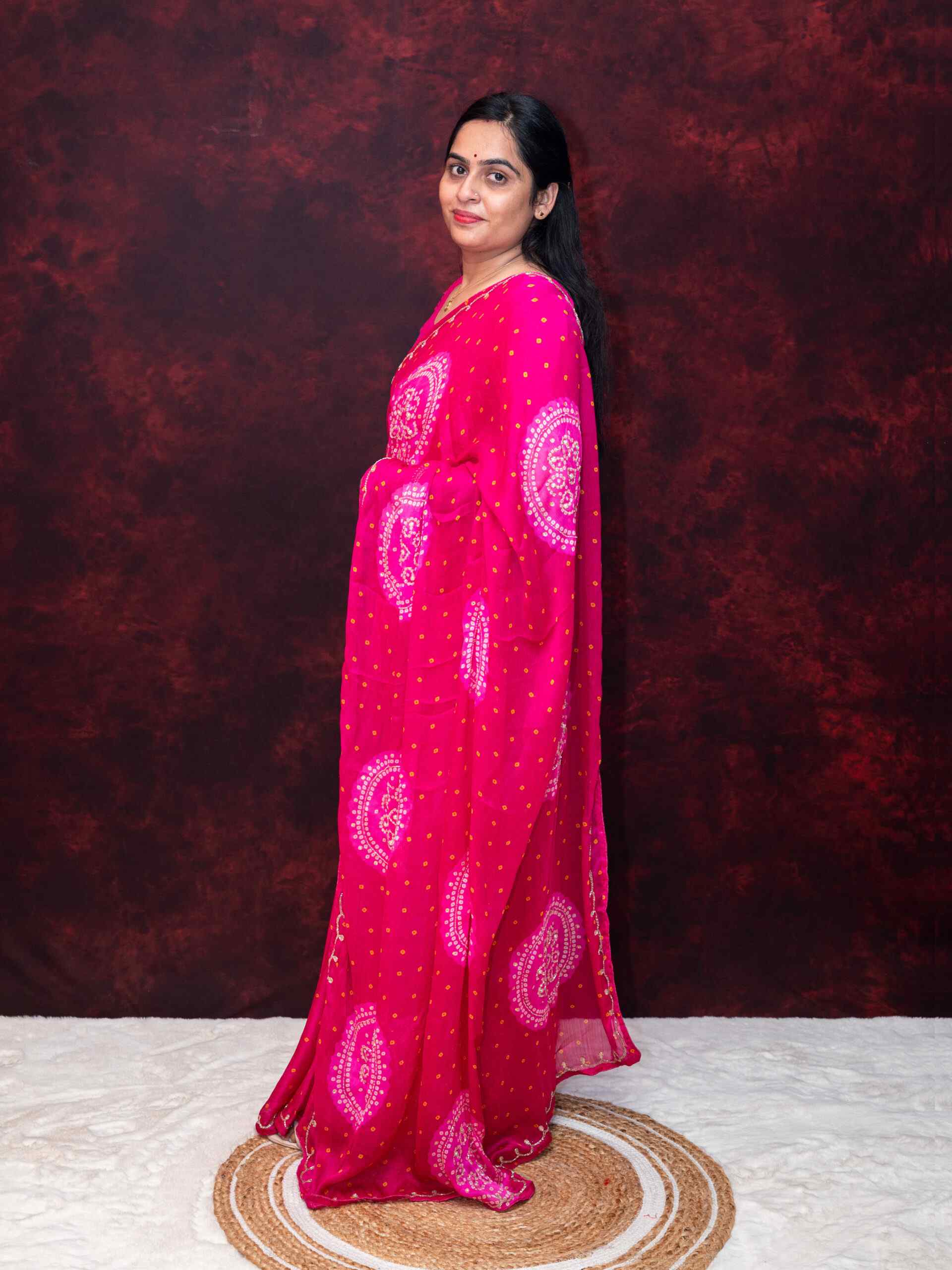 Red Bandhej Handwork Chinnon Saree | Traditional Bandhani Festive Wea - Image 3
