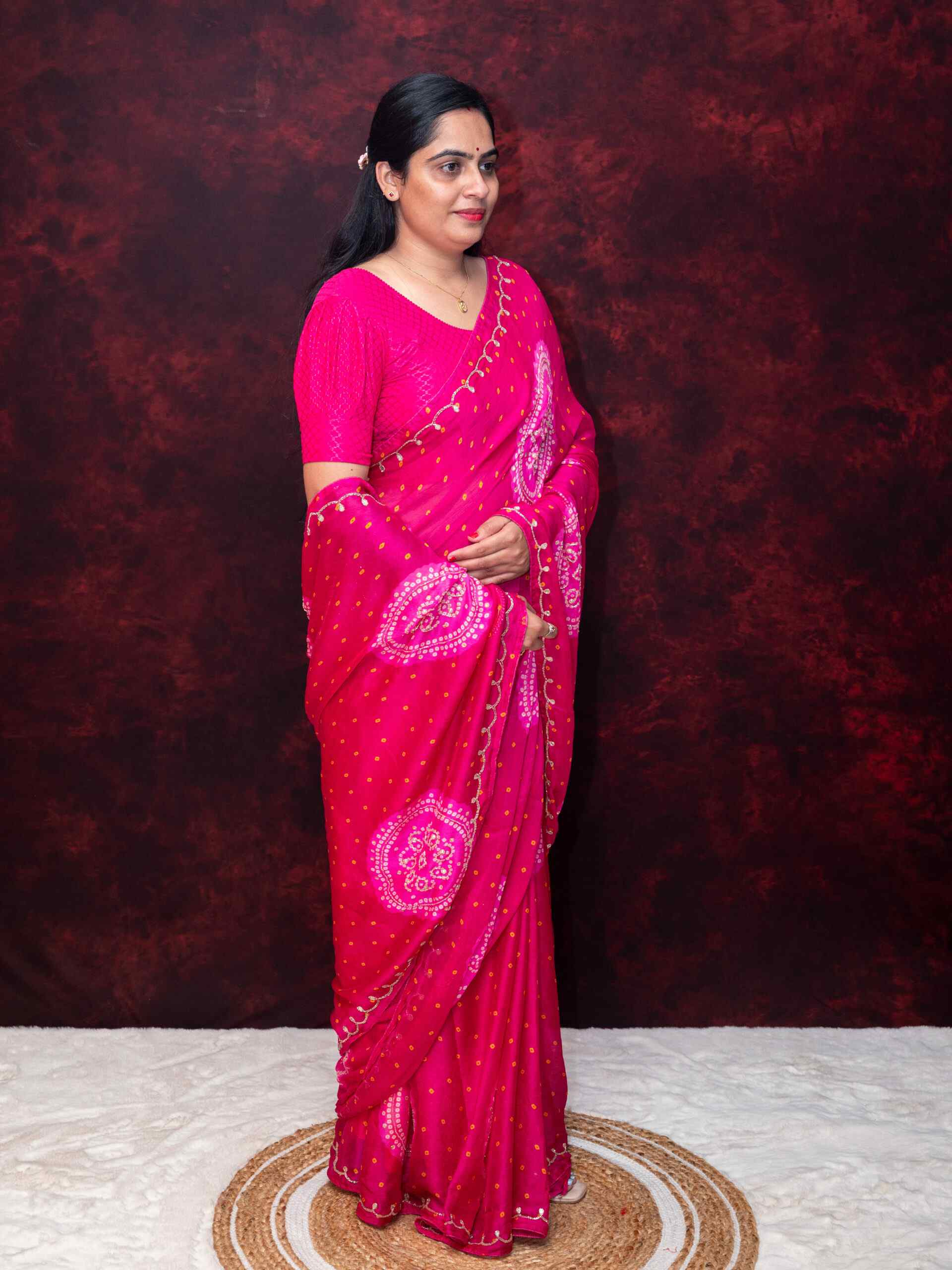 Red Bandhej Handwork Chinnon Saree | Traditional Bandhani Festive Wea - Image 2