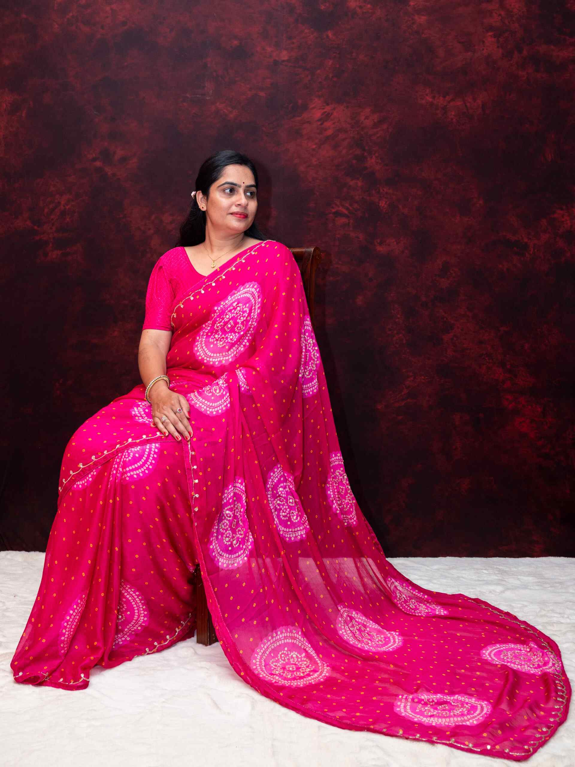 Red Bandhej Handwork Chinnon Saree | Traditional Bandhani Festive Wea - Image 5