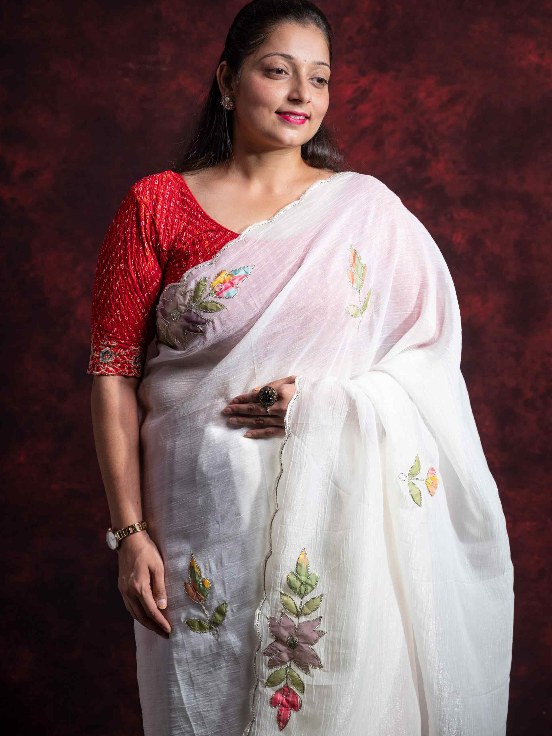 Off-White Carnchi Fabric Saree with Floral Embroidery Flower Design