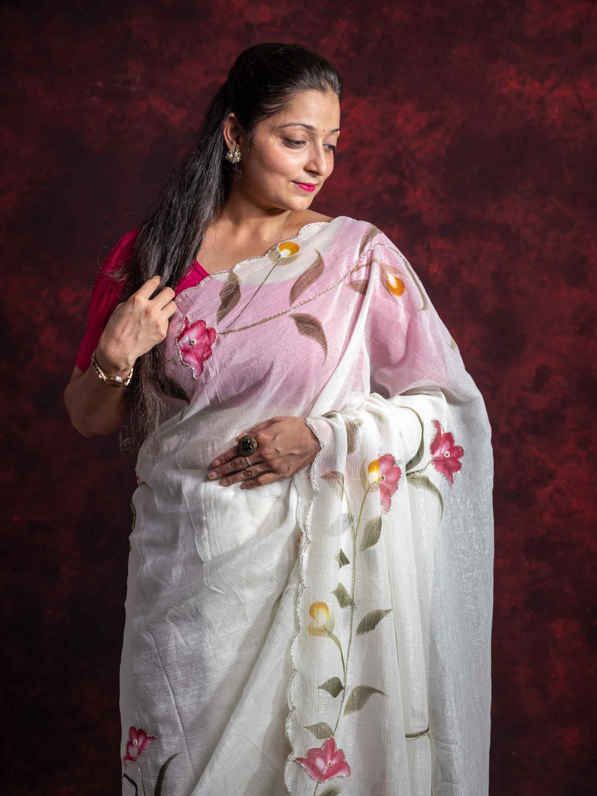 Off-White Carnchi Fabric Saree with Brush Paint Floral Design & Cut Dana Work