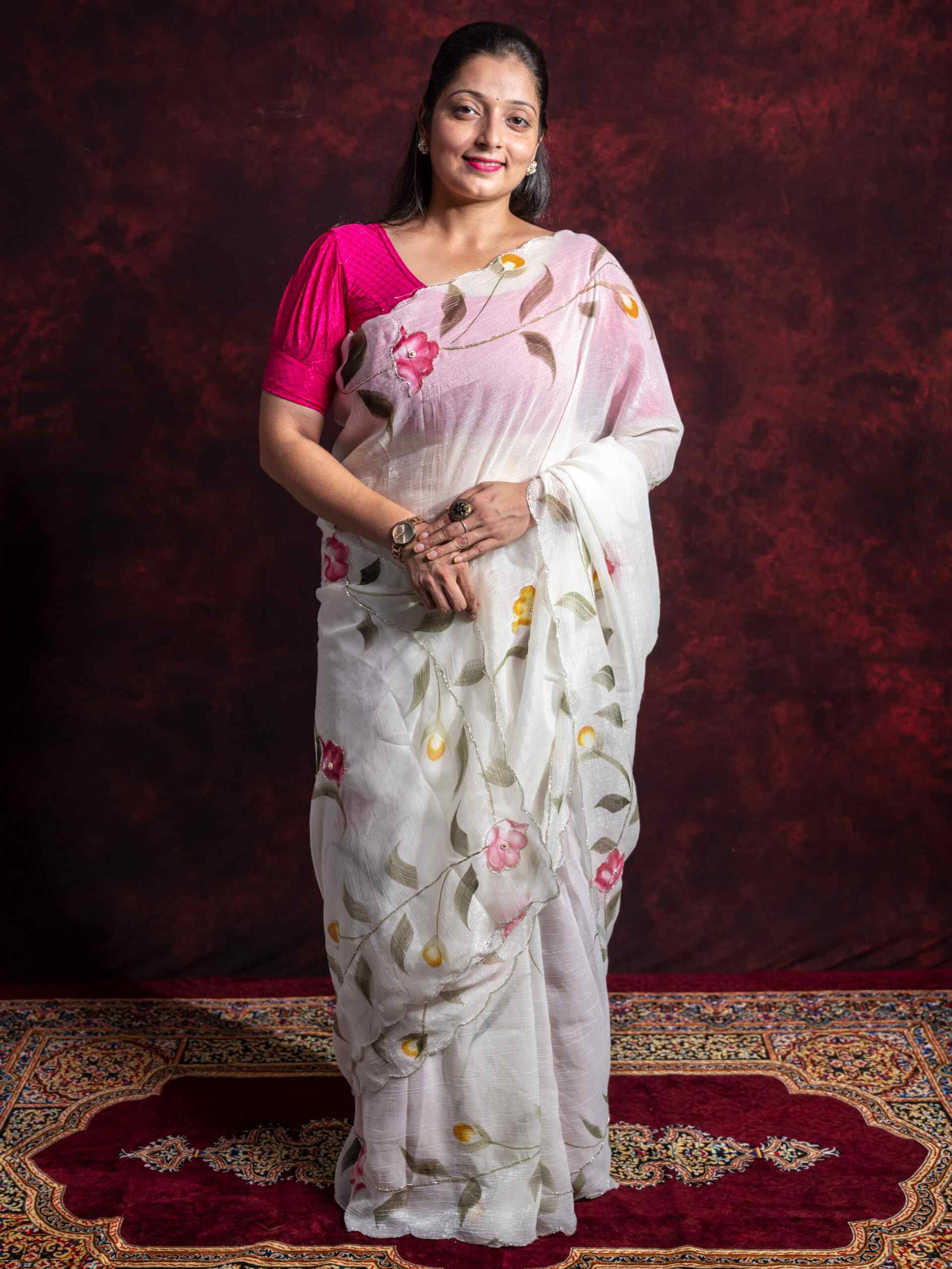 Off-White Carnchi Fabric Saree with Brush Paint Floral Design & Cut Dana Work - Image 3