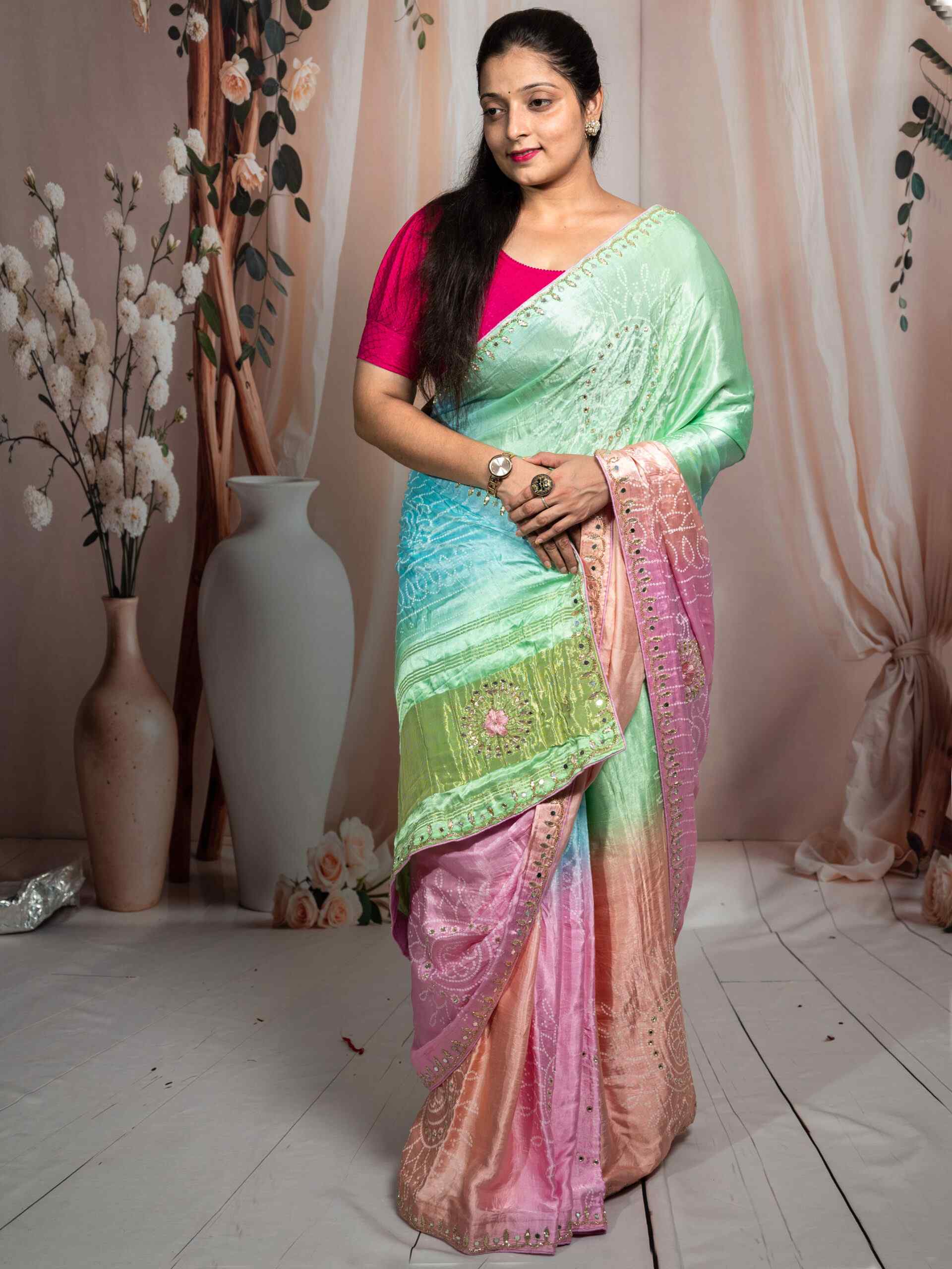 Multicolor Gaji Silk Saree with Gota Patti Hand Work | Premium Ethnic Saree