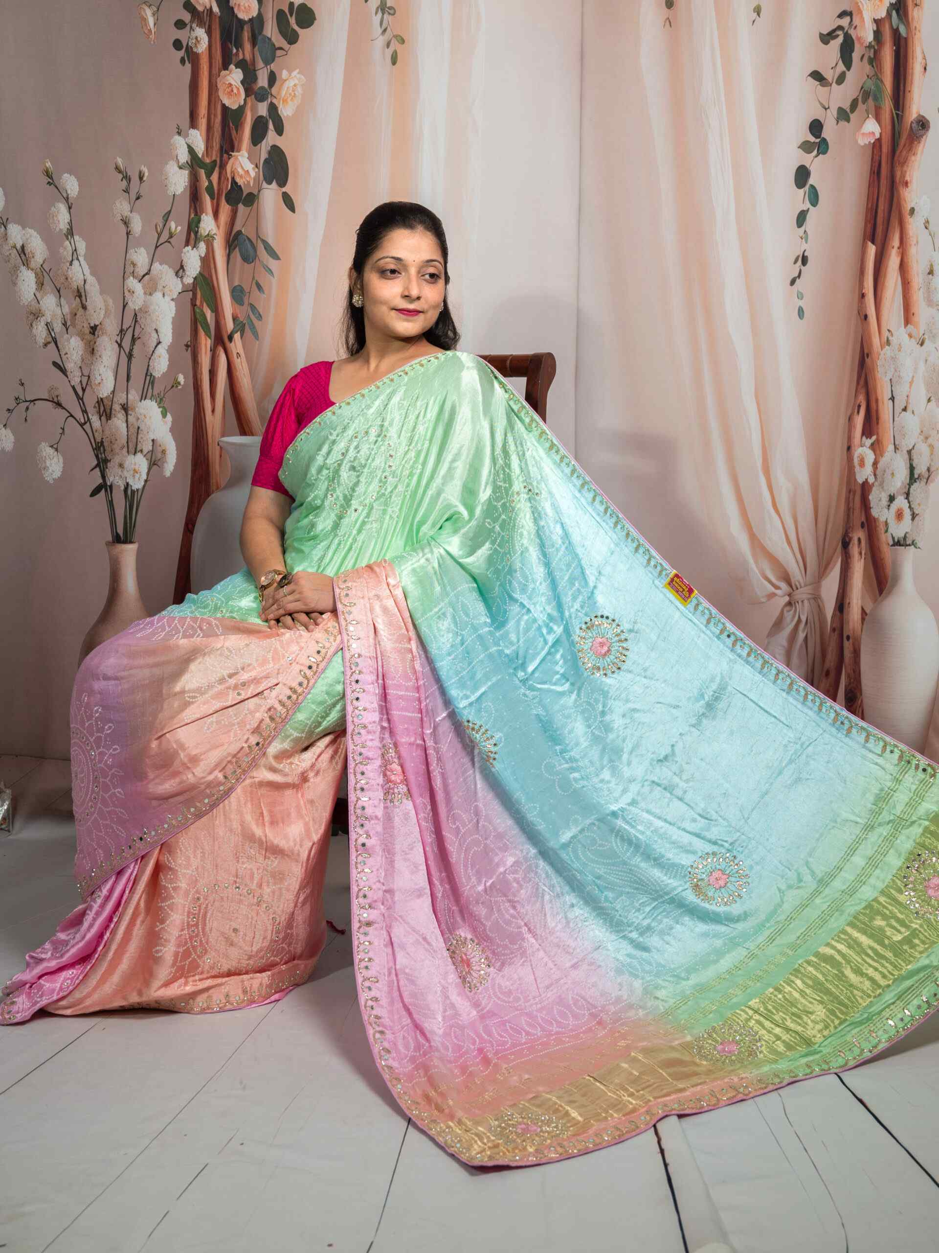 Multicolor Gaji Silk Saree with Gota Patti Hand Work | Premium Ethnic Saree - Image 5