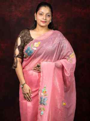 Baby Pink Crunchy Fabric Saree with Floral Embroidery Design | Elegant Designer Saree