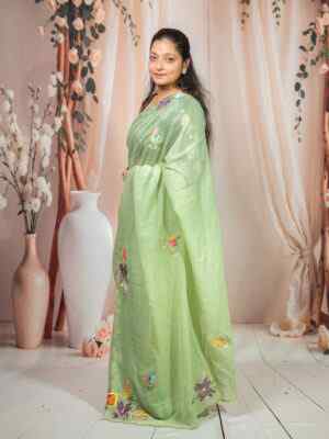 Pista Green Crunchy Saree with Floral Embroidery Design