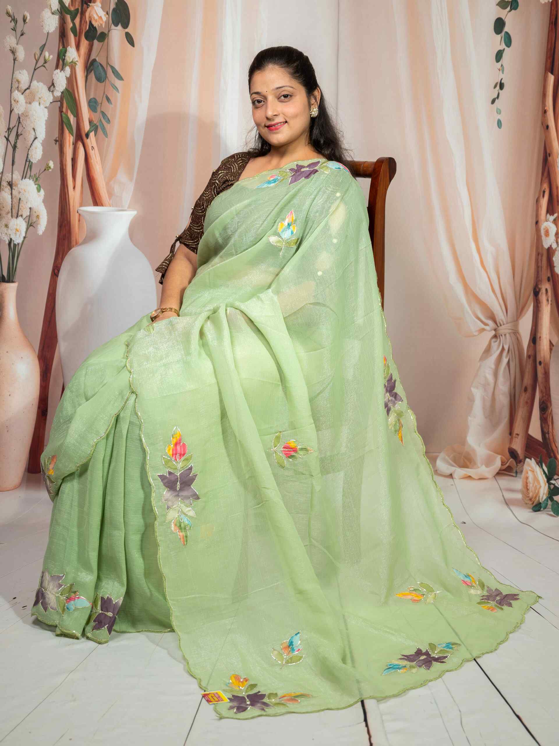 Pista Green Crunchy Saree with Floral Embroidery Design - Image 5