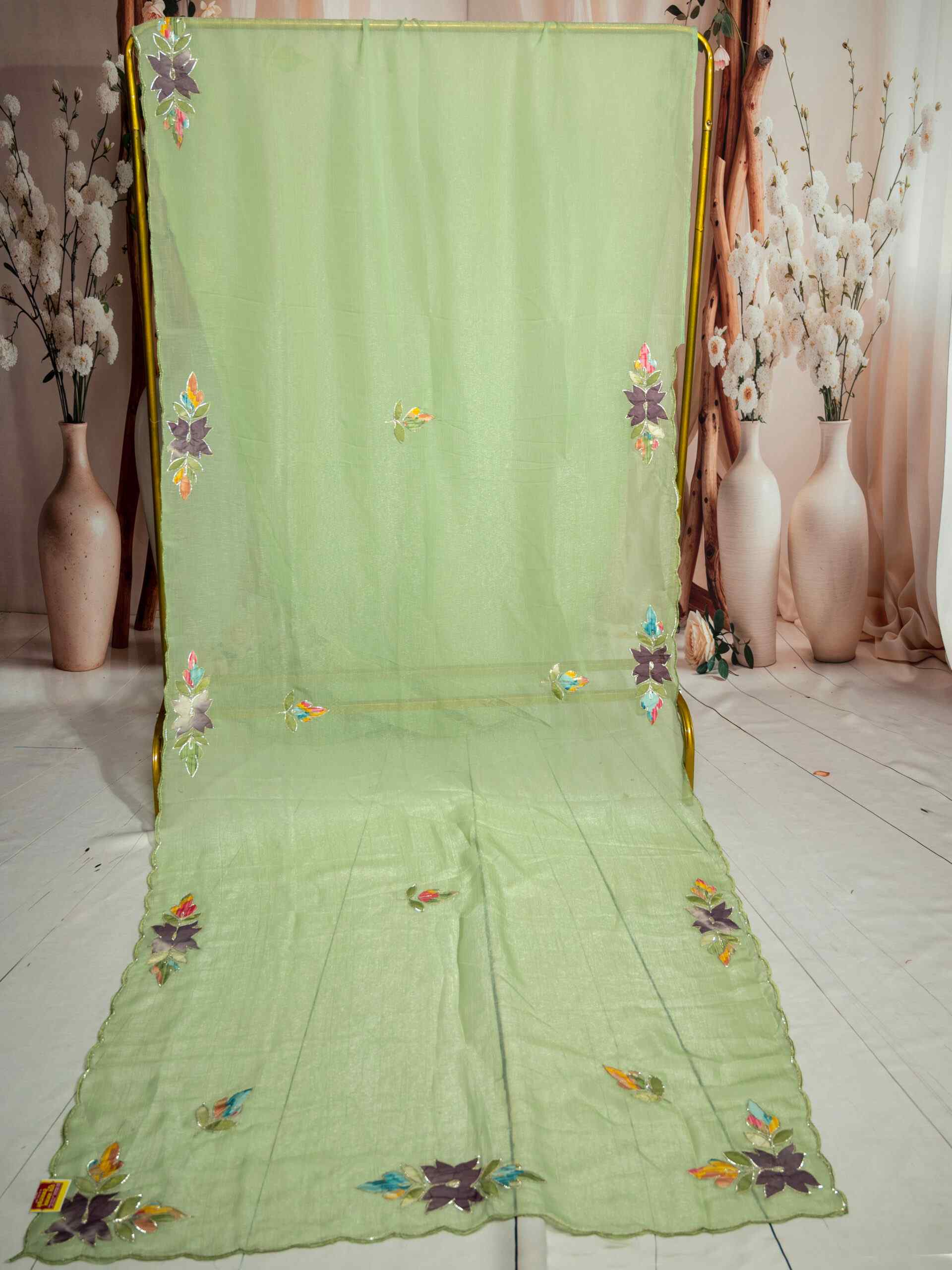 Pista Green Crunchy Saree with Floral Embroidery Design - Image 6