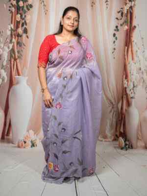 Purple Carnchi Fabric Saree with Floral Cut Dana Work & Flower Design | Elegant Festive Saree
