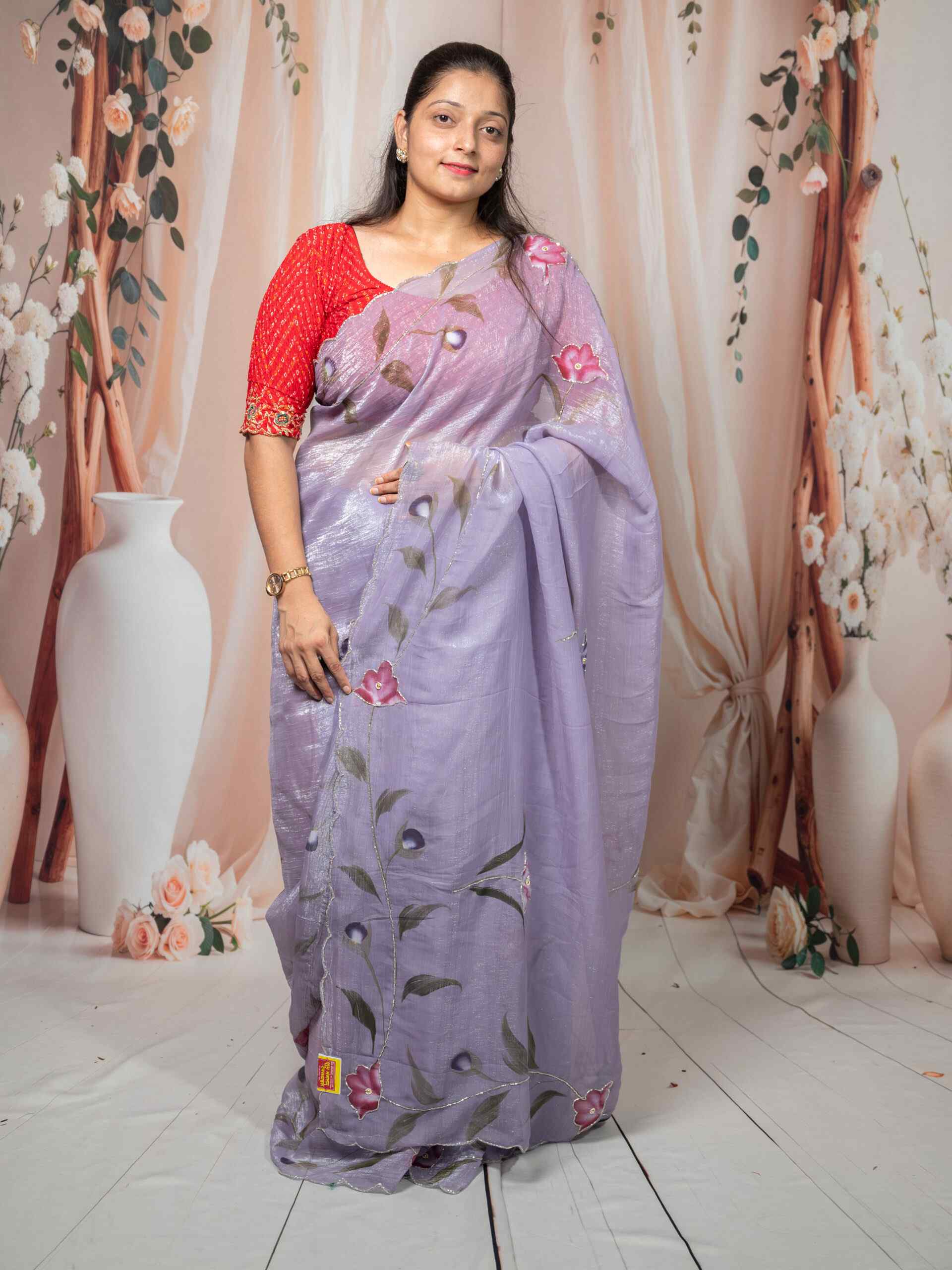 Purple Carnchi Fabric Saree with Floral Cut Dana Work & Flower Design | Elegant Festive Saree