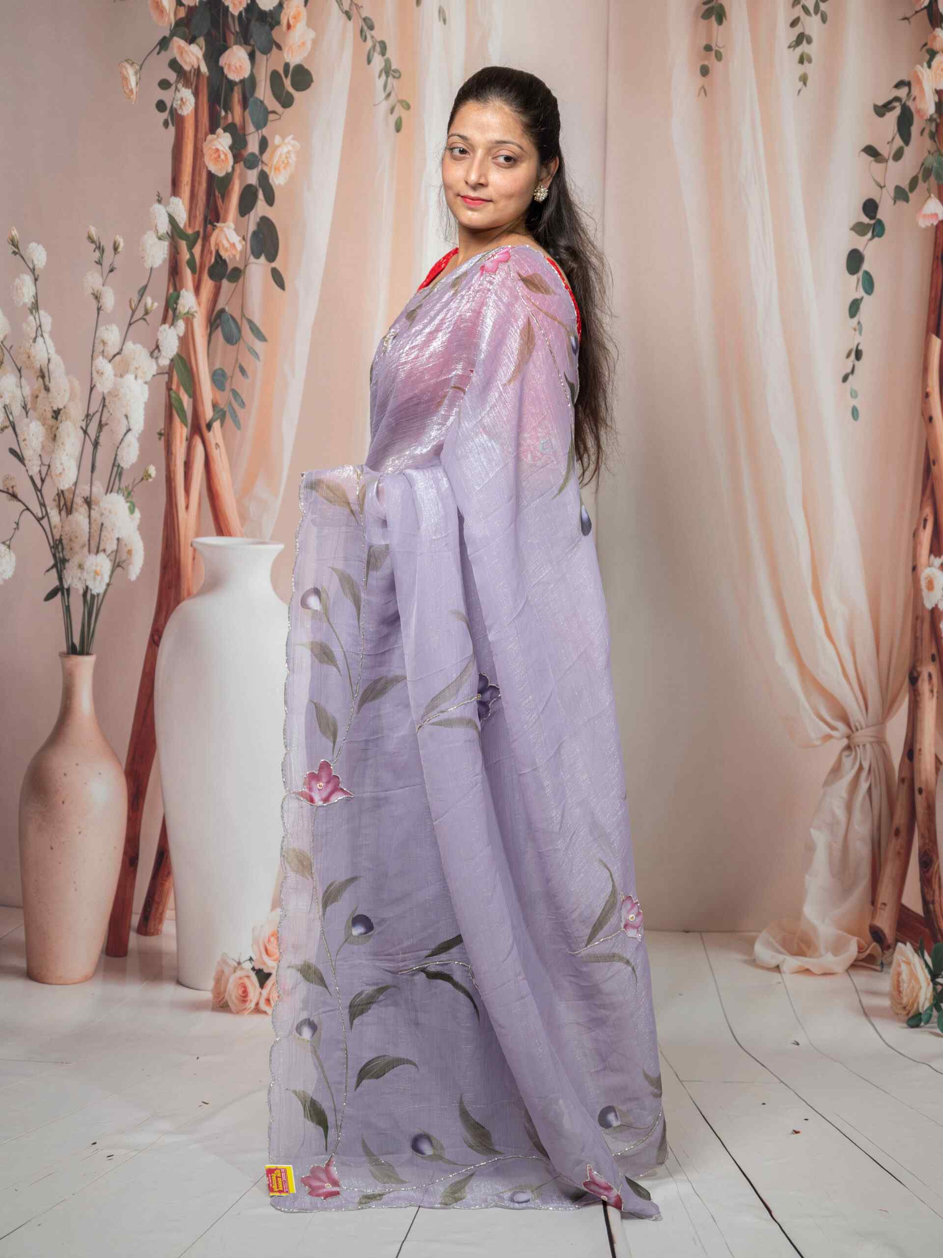 Purple Carnchi Fabric Saree with Floral Cut Dana Work & Flower Design | Elegant Festive Saree - Image 2