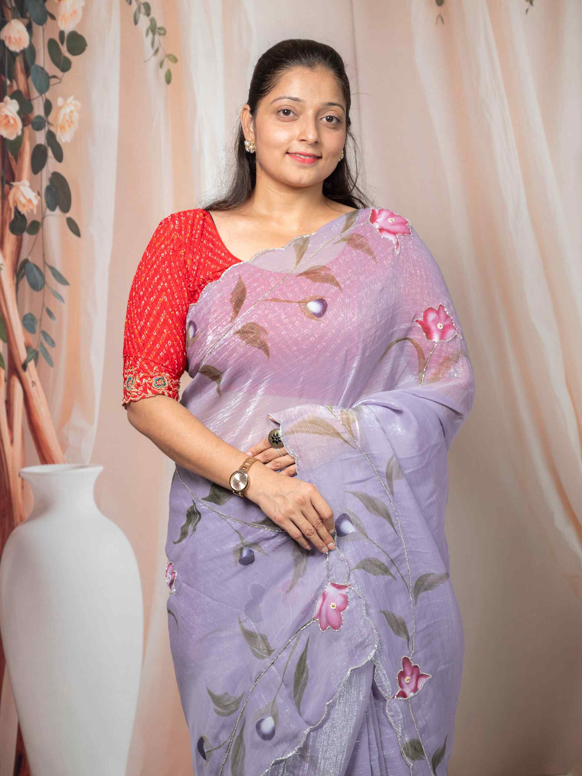 Purple Carnchi Fabric Saree with Floral Cut Dana Work & Flower Design | Elegant Festive Saree - Image 3