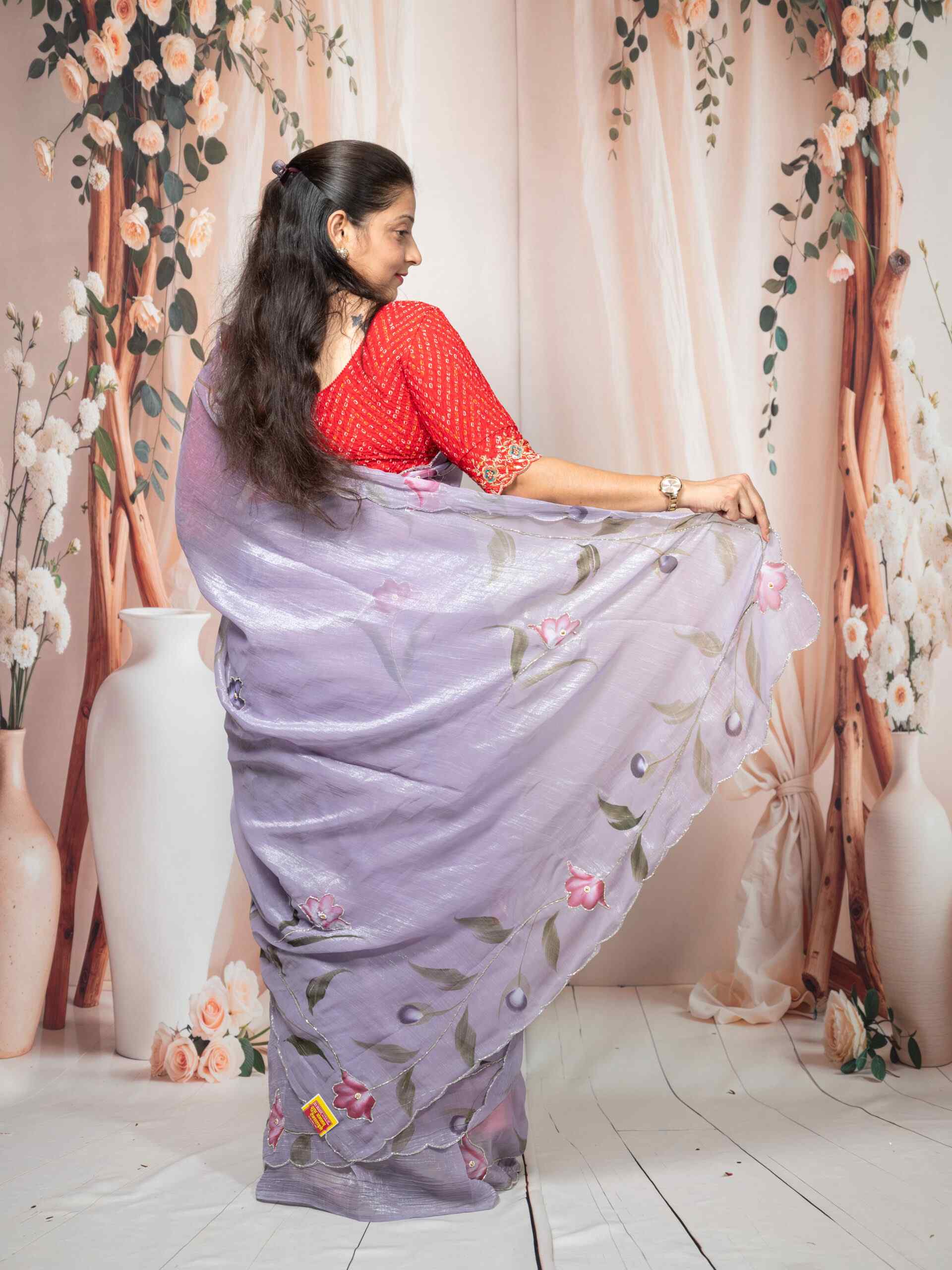 Purple Carnchi Fabric Saree with Floral Cut Dana Work & Flower Design | Elegant Festive Saree - Image 4