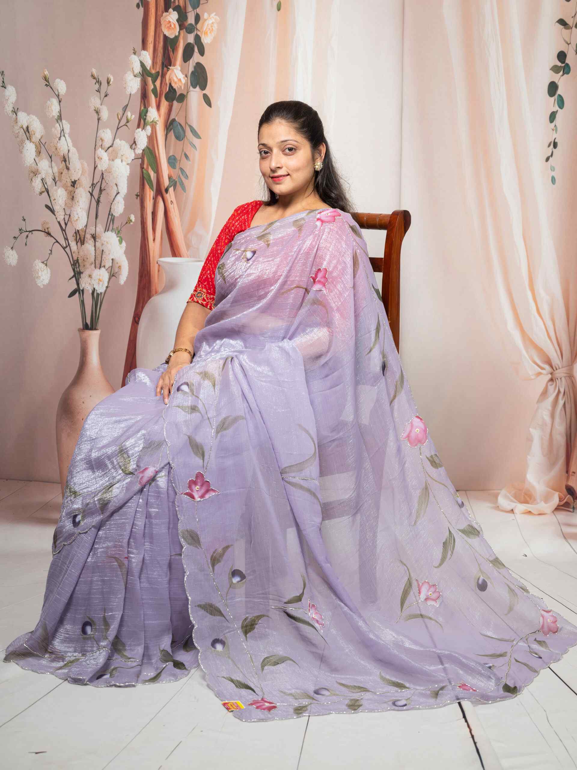 Purple Carnchi Fabric Saree with Floral Cut Dana Work & Flower Design | Elegant Festive Saree - Image 5