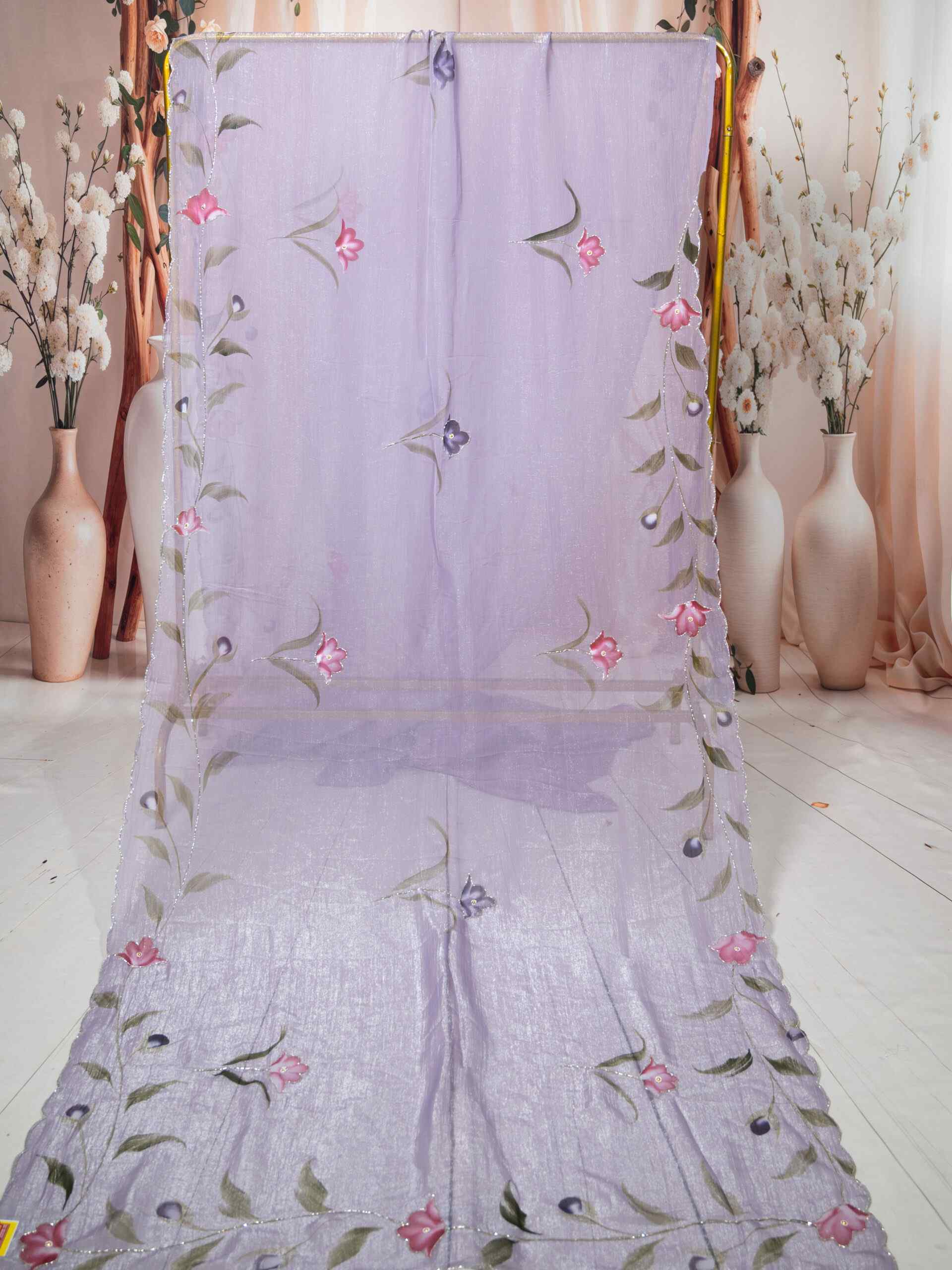 Purple Carnchi Fabric Saree with Floral Cut Dana Work & Flower Design | Elegant Festive Saree - Image 6