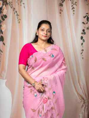 Baby Pink Carnchi Fabric Saree with Floral Cut Dana Work & Flower Design | Elegant Festive Saree
