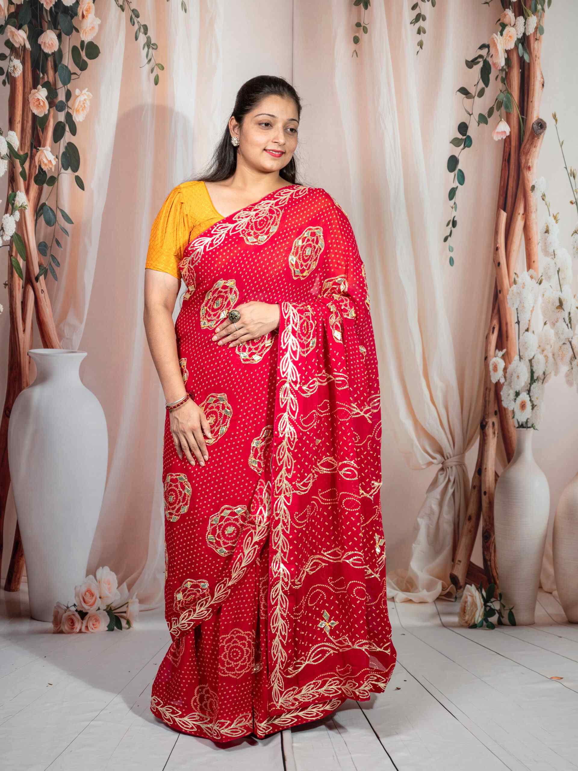 Red Georgette Saree with Kachi Gota Patti Handwork | Traditional Designer Saree 6.25m