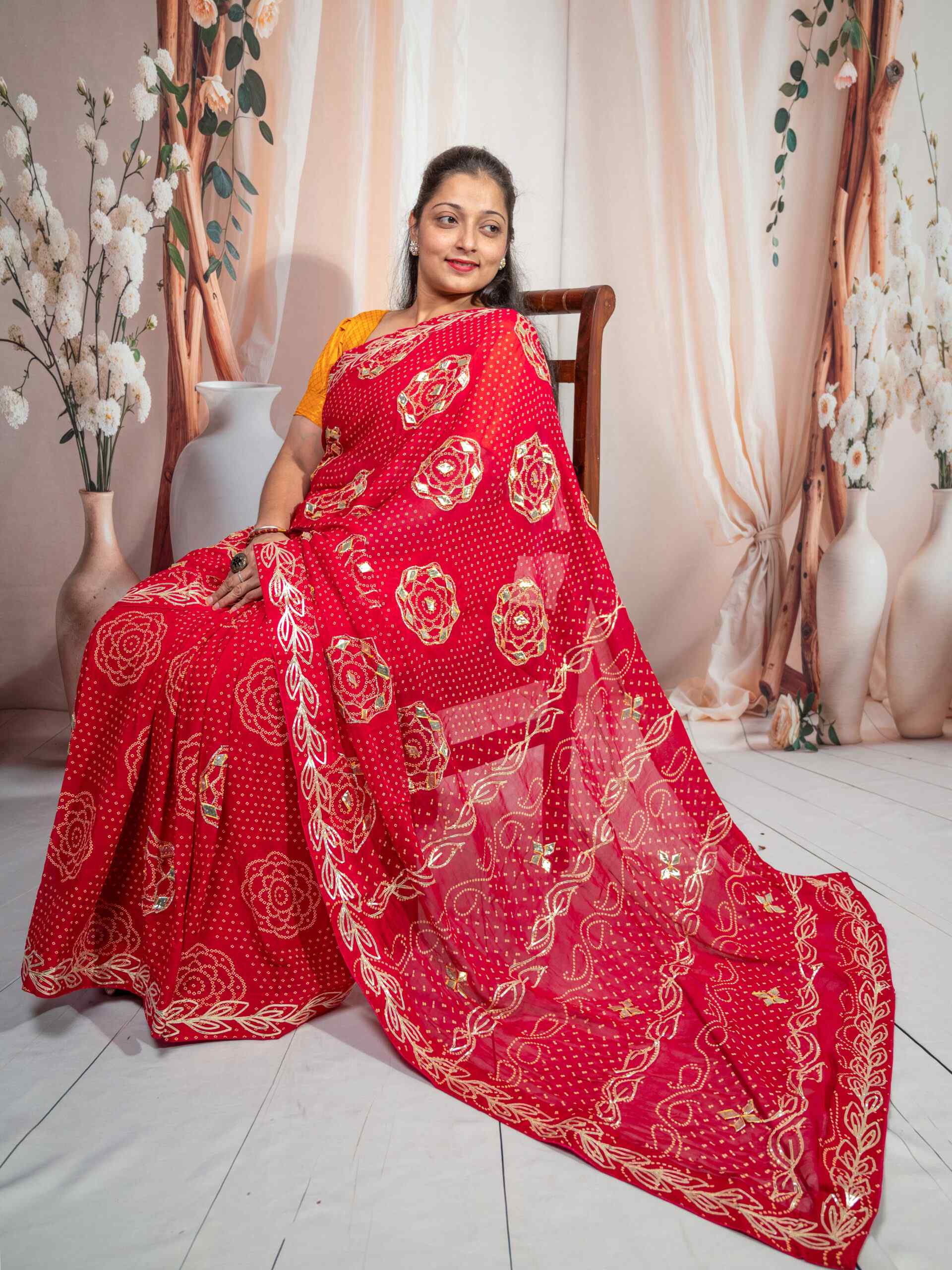Red Georgette Saree with Kachi Gota Patti Handwork | Traditional Designer Saree 6.25m - Image 3