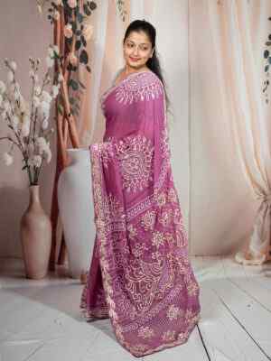 Pink Pure Georgette Saree with Bandhani Pattern & Kachhi Gota Patti Work