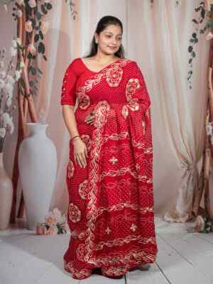Red Pure Georgette Bandhani Saree with Kachhi Gota Patti Work