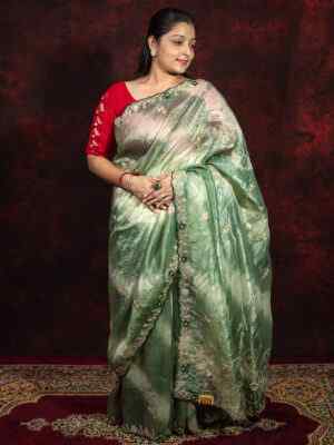 Olive Green Gold Crush Saree with Pittan Work | Elegant Traditional Designer Saree