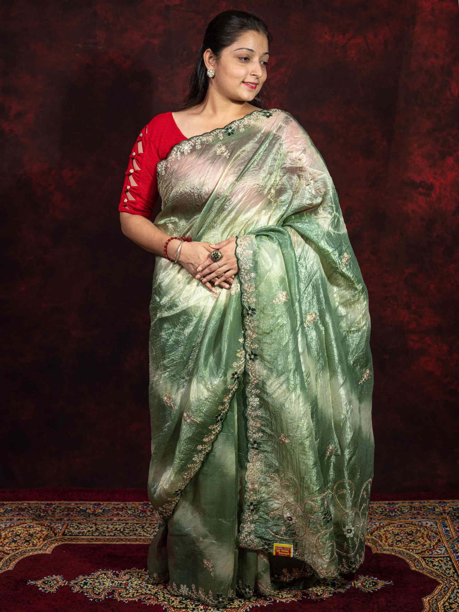Olive Green Gold Crush Saree with Pittan Work | Elegant Traditional Designer Saree
