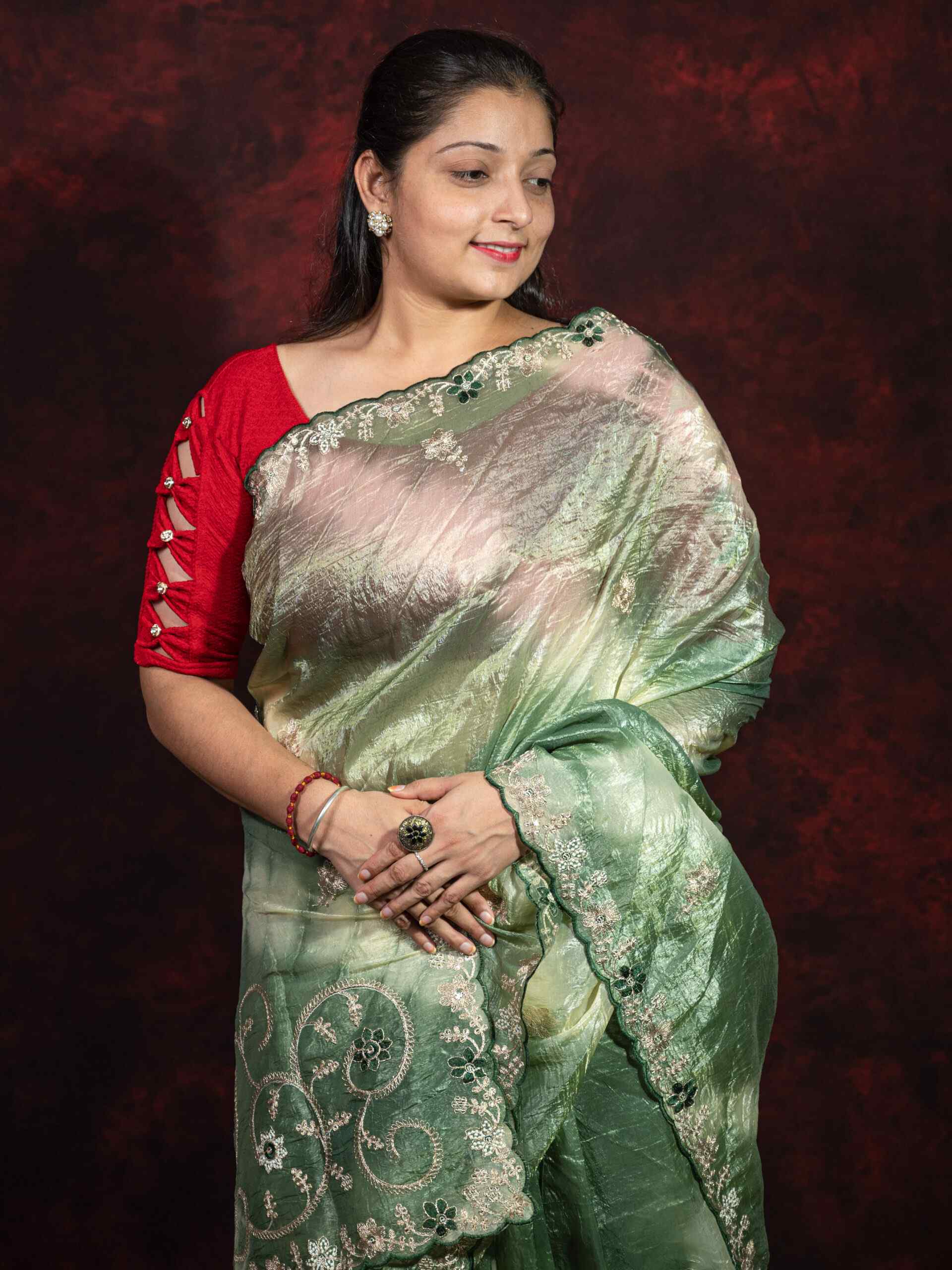 Olive Green Gold Crush Saree with Pittan Work | Elegant Traditional Designer Saree - Image 6