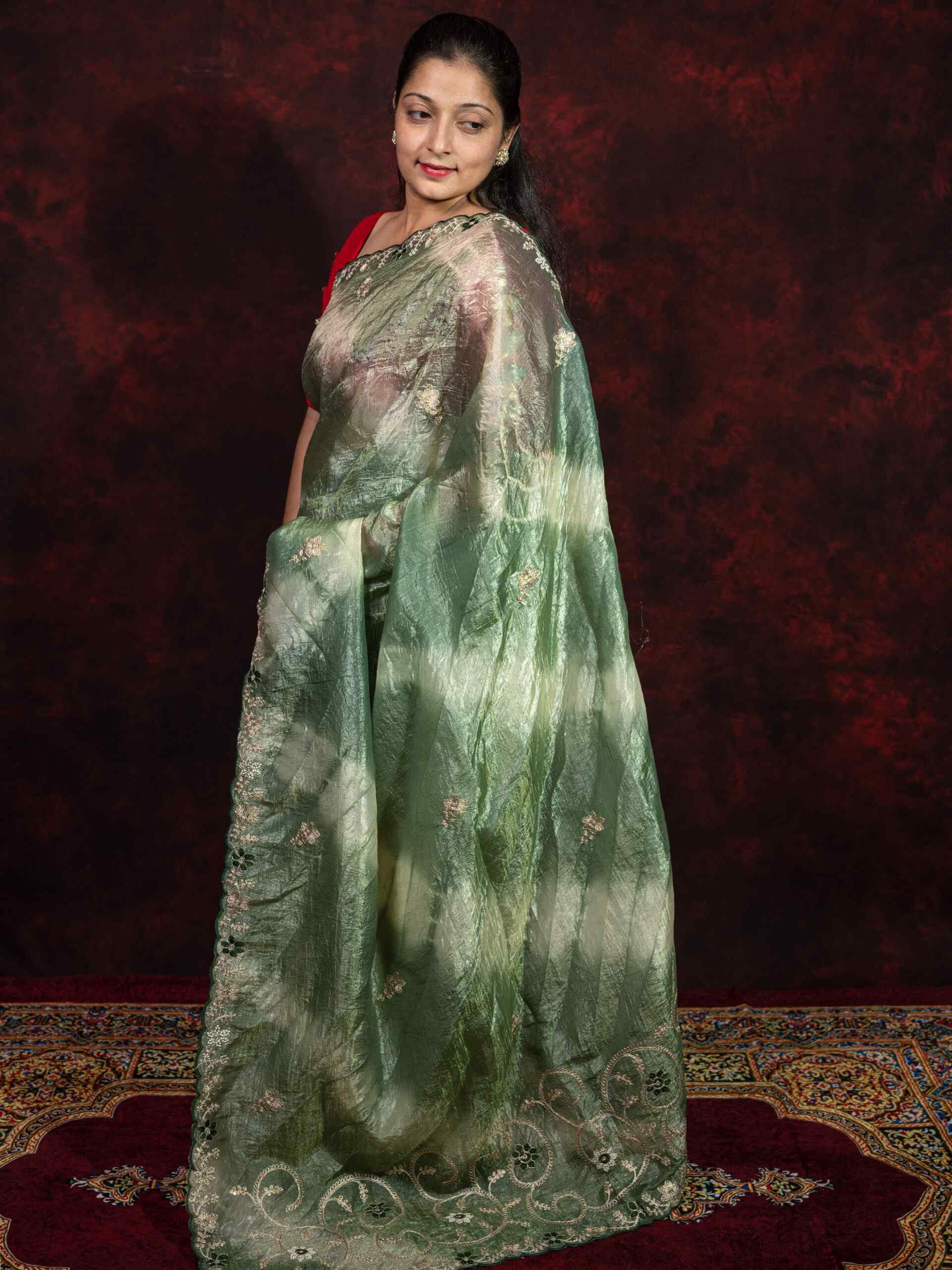Olive Green Gold Crush Saree with Pittan Work | Elegant Traditional Designer Saree - Image 2